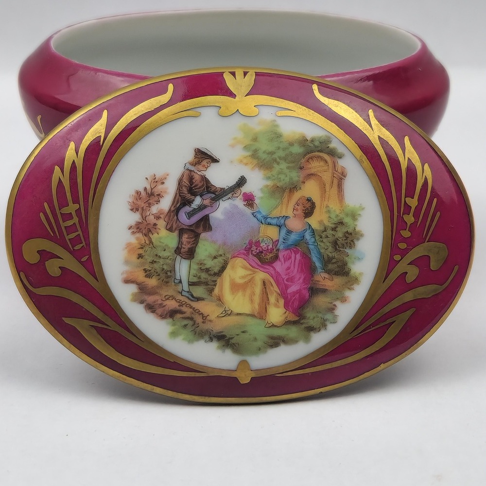 Vintage‎ Limoges France Footed Trinket Box Cranberry Gold Porcelain